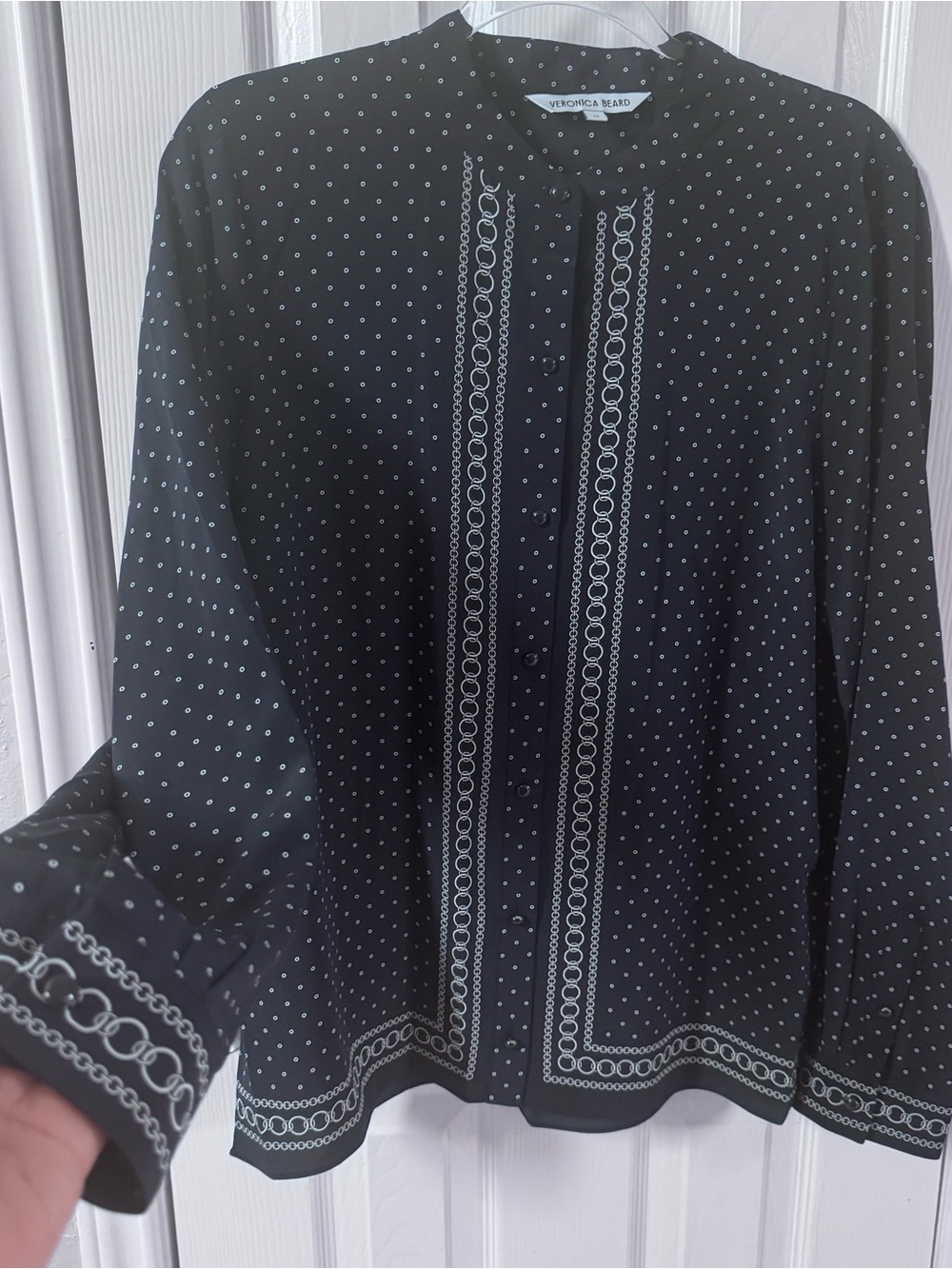 VERONICA BEARD Johnson Patterned Stretch Silk Crepe Navy Blue Top Blouse  Sz 12